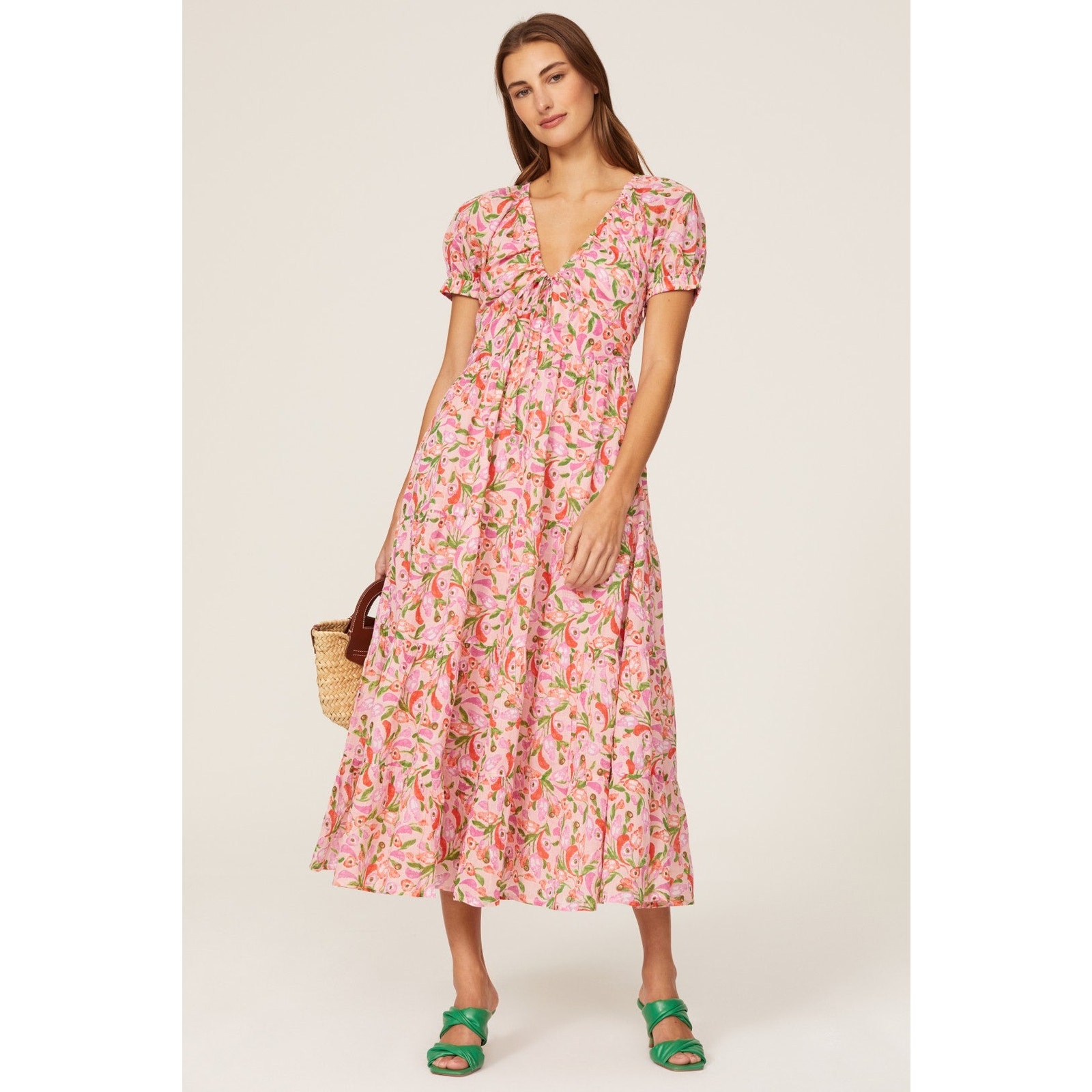 Banjanan Norma Pink Floral Print Puff Sleeve V-Neck Midi Dress Size Medium